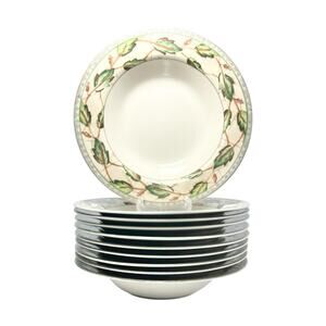 Interiors “Samutra” Set of 10 Stoneware Rim Soup Bowls 9 1/8” Green Leaves Fall